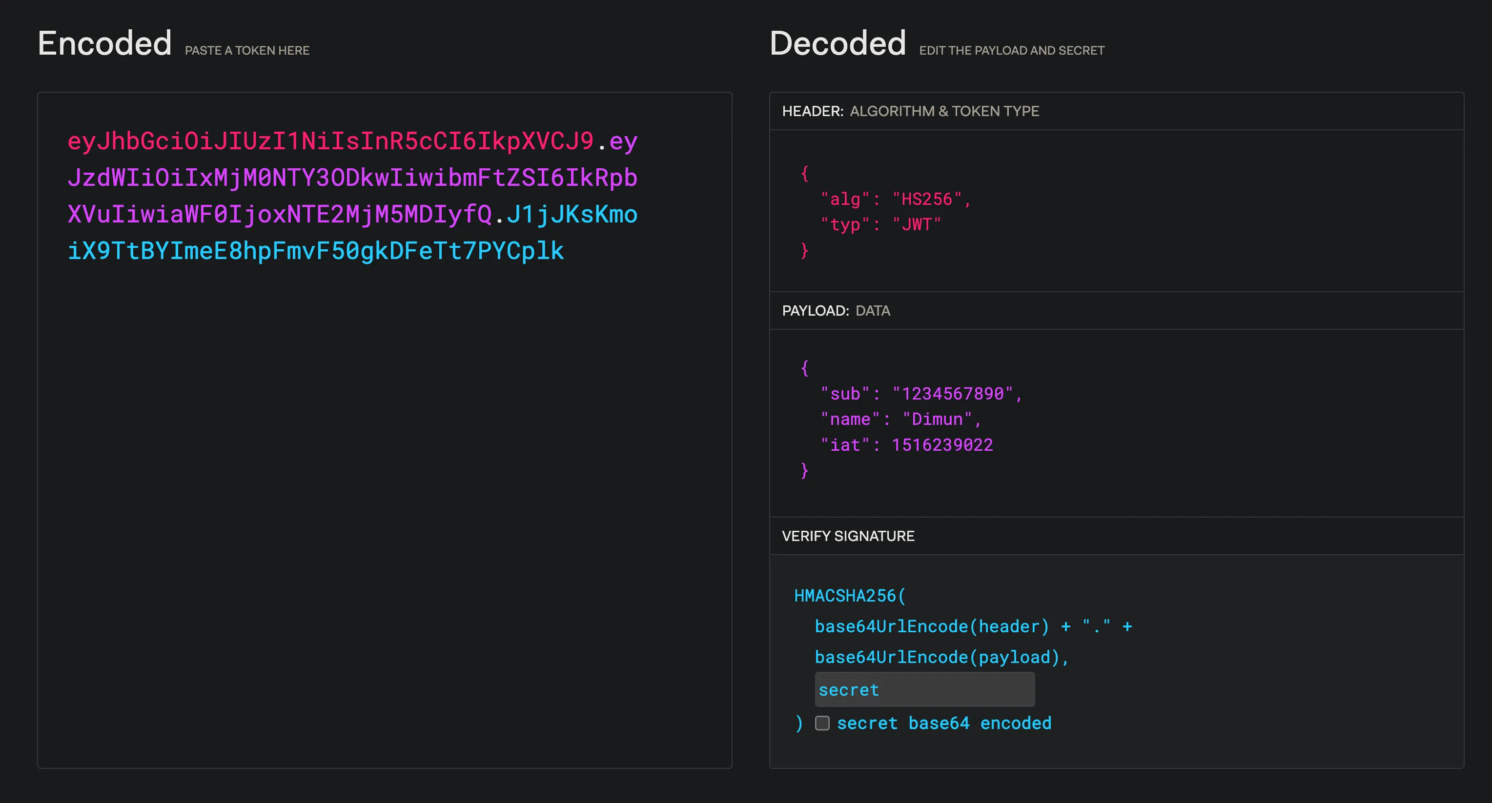 A screenshot of JWT Debugger showing a sample JWT token and the decoded values.