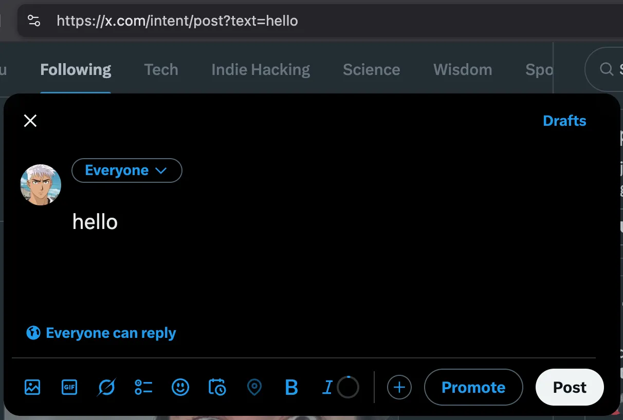 Screenshot of creating a tweet that has been pre-populated with the text "hello"